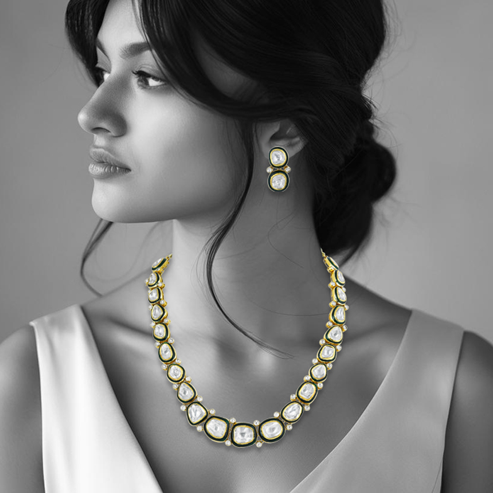 Polki Necklace Set with Green Enamel Border